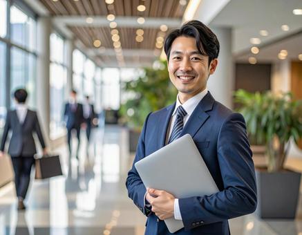 オフィスでPCを持って微笑む男性社員 オフィスでPCを持って微笑む男性社員の写真