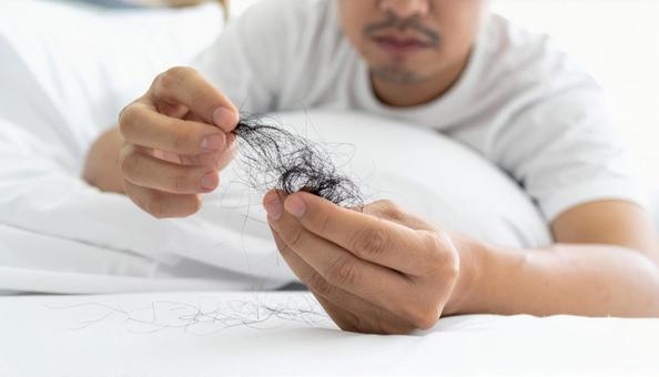 脱毛症で枕の抜けた髪の毛を手に取る男性 脱毛症で枕の抜けた髪の毛を手に取る男性の写真