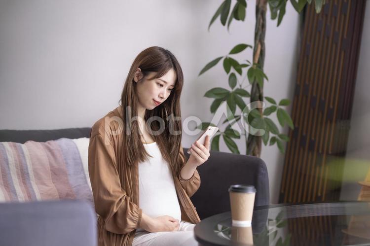 スマートフォンを使う妊婦 妊婦,妊娠,スマートフォンの写真素材