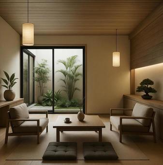 中庭のある和モダンな高級リビングの写真