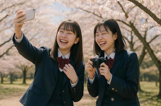 桜の下で笑顔の制服写真 桜の下で笑顔の制服写真の写真