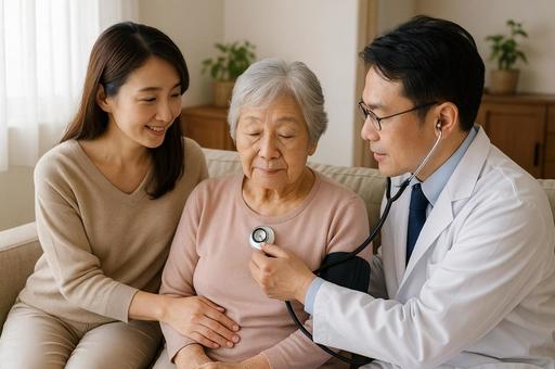 訪問医療で診察を受ける高齢女性の写真