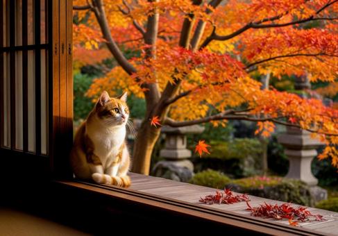 秋の紅葉と窓辺で外を眺める茶白猫 秋の紅葉と窓辺で外を眺める茶白猫の写真