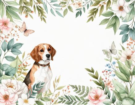 犬と花のフレーム 犬と花のフレームの写真