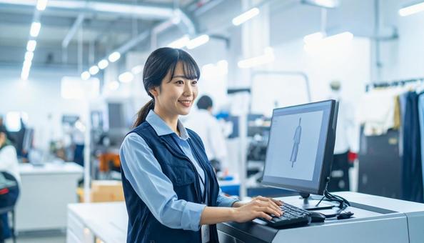 工場の三次元測定機を使う作業服の女性 工場の三次元測定機を使う作業服の女性の写真