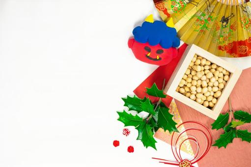 節分デザイン　升・豆・ヒイラギ・鬼 節分,厄払い,豆まきの写真素材