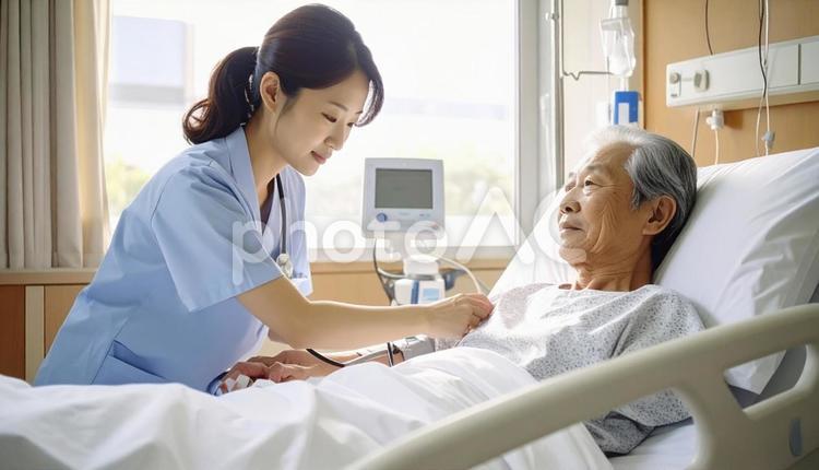 患者の血圧を測る看護師 医療,看護師,患者の写真素材