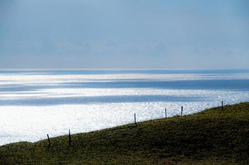 雄大な自然の中で静かに海を見つめる緑の丘 緑,牧草地,丘の写真素材