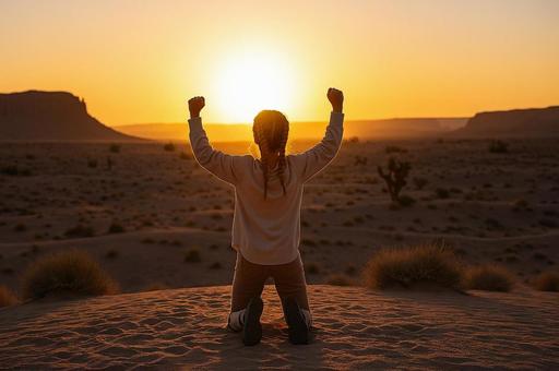 砂漠で夕日を背にガッツポーズする女性 砂漠で夕日を背にガッツポーズする女性の写真