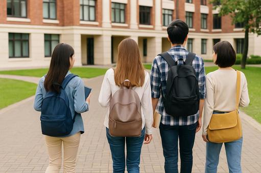 キャンパスを歩く大学生たちの写真