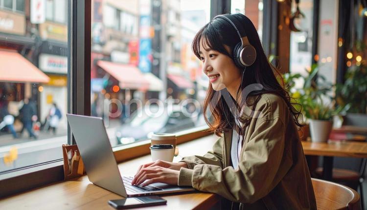 カフェで仕事をするフリーランス女性 コワーキングスペース,コワーキング,リモートワークの写真素材
