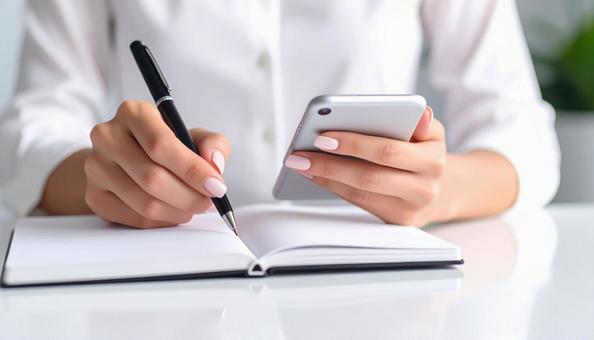 スマホを見ながらメモを取る女性の手 スマホを見ながらメモを取る女性の手の写真