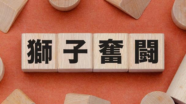 積み木に文字　獅子奮闘 獅子奮闘,四文字熟語,積木の写真素材