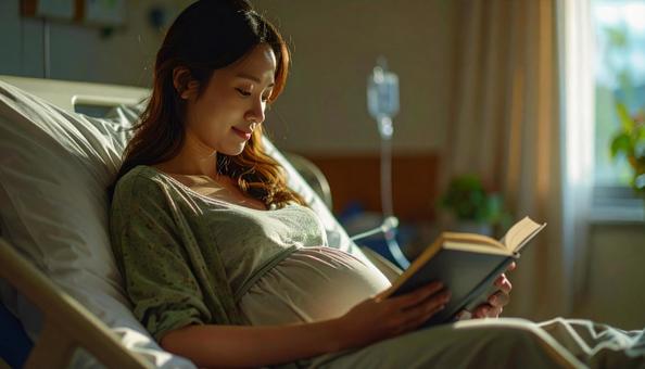 本を読んで安静にして点滴を打つ妊婦 本を読んで安静にして点滴を打つ妊婦の写真