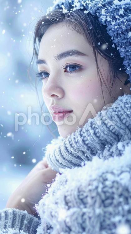 冬　雪の中の女性の横顔　寒そう 冬,雪,女性の写真素材