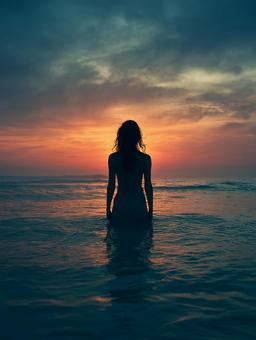 静かな海で夕日を眺める女性のシルエット 静かな海で夕日を眺める女性のシルエットの写真