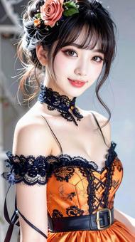 ハロウィンの仮装 女性 オレンジ色ドレス ハロウィンの仮装 女性 オレンジ色ドレスの写真
