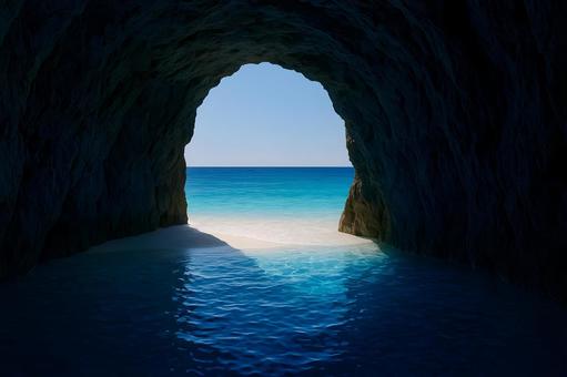 洞窟から望む青い海 洞窟から望む青い海の写真
