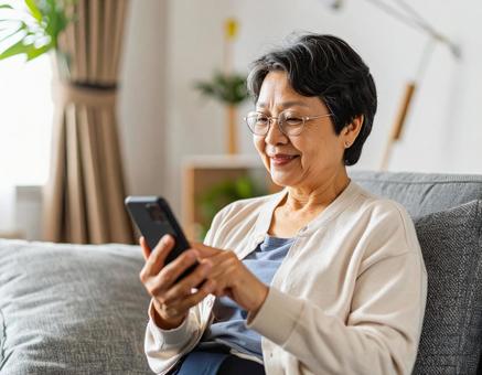 自宅のリビングでスマホを操作する女性 自宅のリビングでスマホを操作する女性の写真