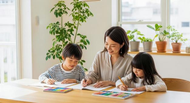 親子でお絵描き・勉強シーン 親子でお絵描き・勉強シーンの写真