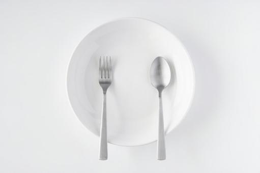 White plate, fork, spoon White plate, fork, spoon