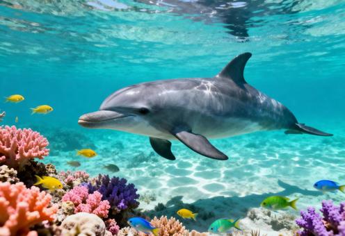 美しいサンゴ礁の海を泳ぐイルカと熱帯魚 美しいサンゴ礁の海を泳ぐイルカと熱帯魚の写真