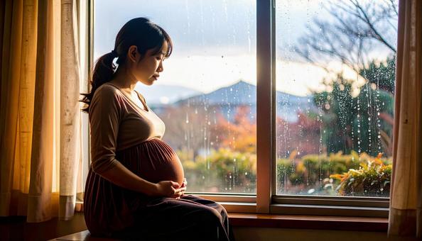 お腹が張って辛そうな妊婦 お腹が張って辛そうな妊婦の写真