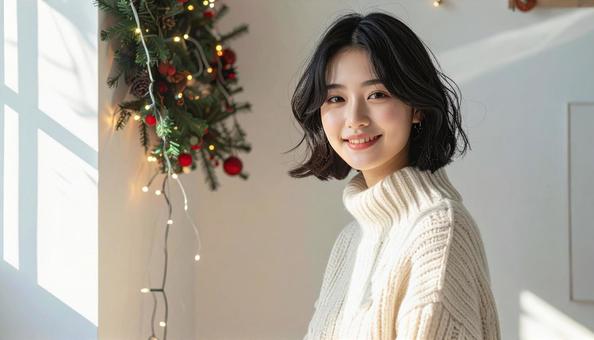 クリスマスデコレーションと女性の写真