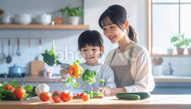 ホログラムで野菜の切り方を学ぶ親子 親子,子ども,ホログラムの写真素材