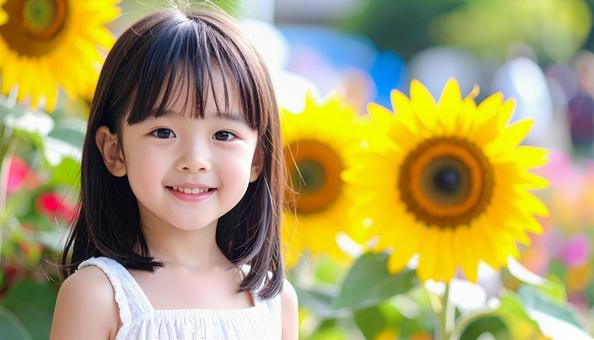 夏のヒマワリの花と少女のポートレート 夏のヒマワリの花と少女のポートレートの写真
