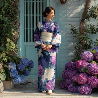 紫陽花の庭に立つ浴衣美女 紫陽花の庭に立つ浴衣美女の写真