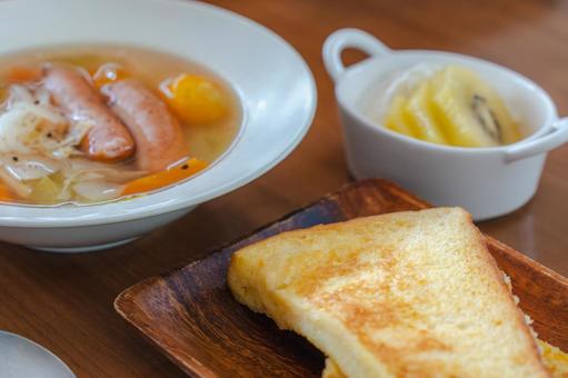 A Western-style breakfast featuring French toast and soup, JPG