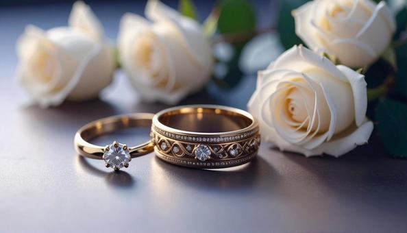 結婚指輪と白いバラのブーケの写真