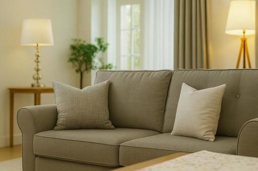 シンプルなグレーのソファと観葉植物の写真