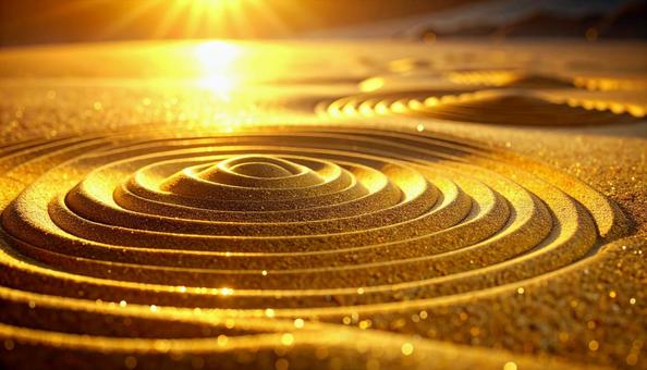 夕日に輝く金色の砂紋の写真