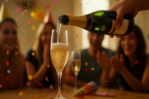 シャンパンを注ぐ瞬間と楽しげなパーティの写真