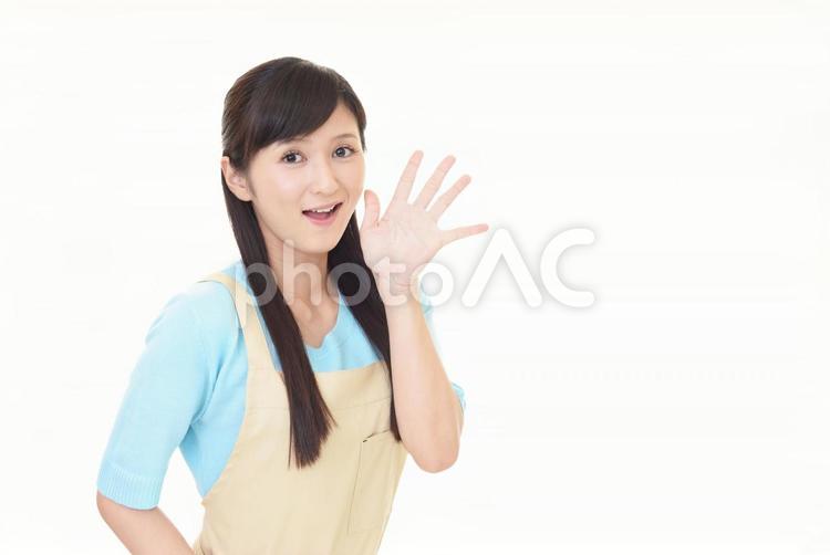 案内するエプロン姿の女性 女性,主婦,ママの写真素材
