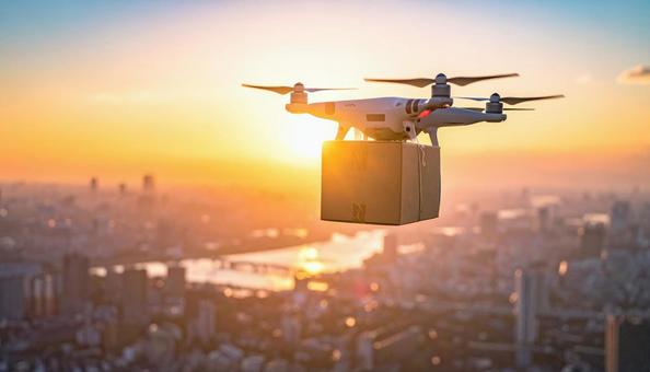 都市上空を飛行するドローン 都市上空を飛行するドローンの写真