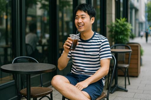 カフェでくつろぐ男性の写真