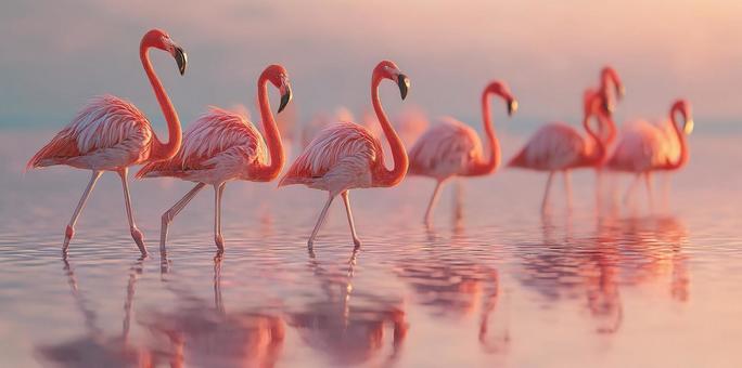 夕焼けに染まる湖畔のフラミンゴたち 夕焼けに染まる湖畔のフラミンゴたちの写真