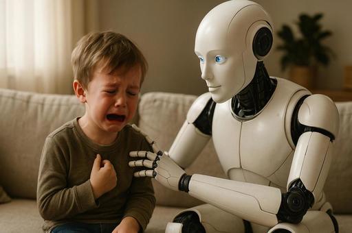 泣く子供とロボットの対話の写真