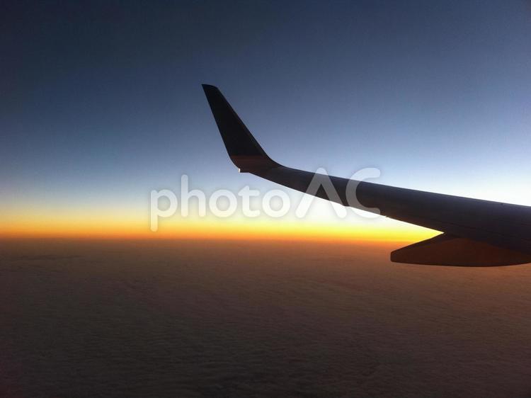 飛行機から見た夕焼け 夕焼け,飛行機,水平線の写真素材