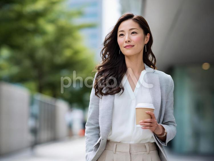 コーヒーを片手に歩くキャリアウーマン ビジネスウーマン,女性,ビジネスの写真素材