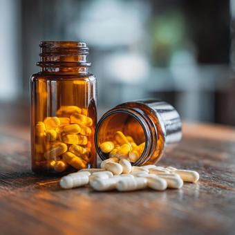健康と医療を象徴する薬瓶と錠剤 健康と医療を象徴する薬瓶と錠剤の写真