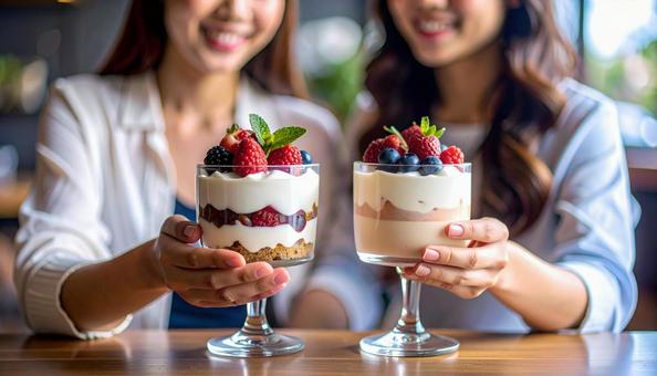 カフェでパフェを食べる女友達の写真