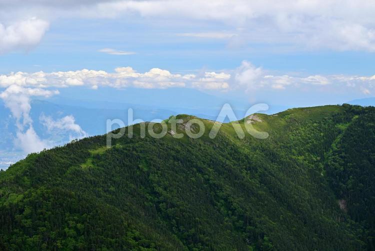 緑の稜線の向こうに雲が見える 山,風景,自然の写真素材
