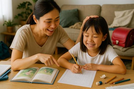 読書感想文の宿題をがんばった娘を誉める母 読書感想文の宿題をがんばった娘を誉める母の写真