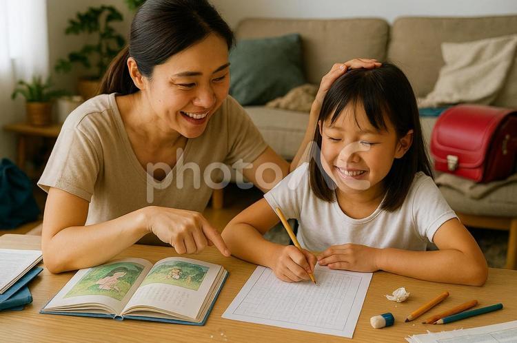 読書感想文の宿題をがんばった娘を誉める母 夏,summer,夏休みの写真素材