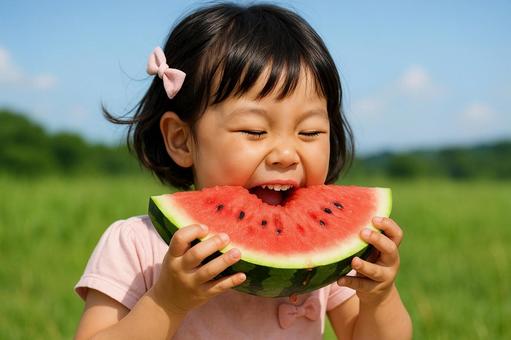 スイカをかじる女の子 スイカをかじる女の子の写真