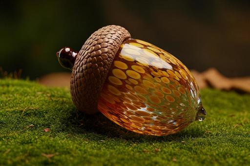 苔の上に置かれたガラスのドングリ 苔の上に置かれたガラスのドングリの写真